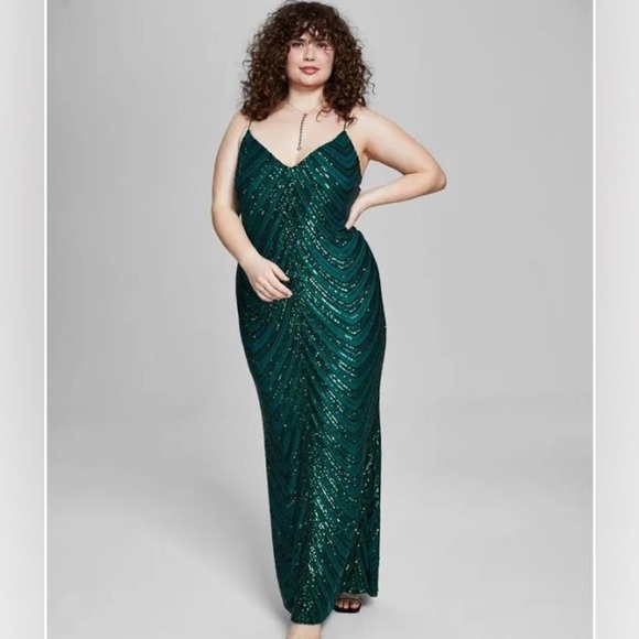 B. Darlin Womens Plus Sequined Bungee-Strap Evening Dress emerald green - Picture 1 of 6